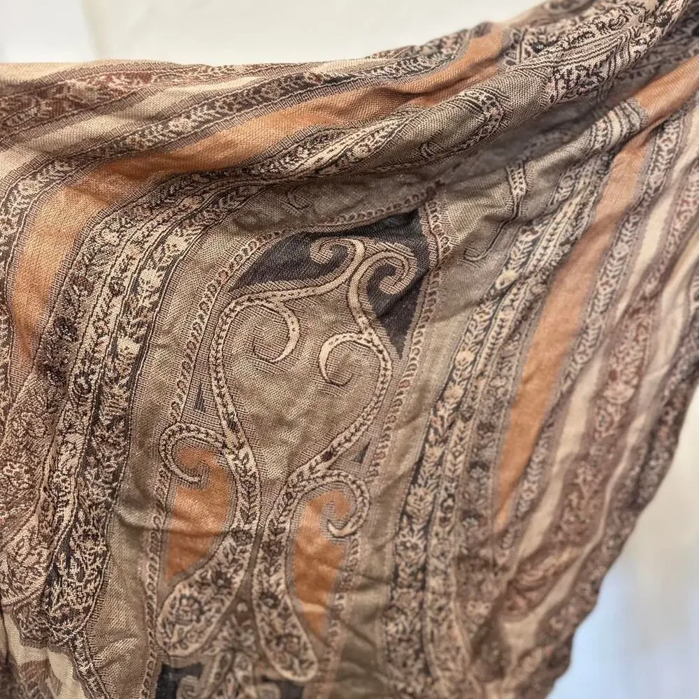 Vintage Paisley Pashmina Style Fringe Scarf Wrap Shawl Neutral Tones